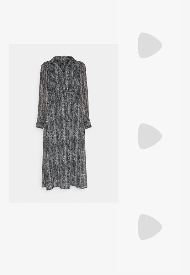 ONLY ONLALLIE MIDI DRESS  - Jurk - black aop/sannie snake; Witte leren cowboylaars met een spitse neus en een vierkante hak. Heeft ingewikkelde stikpatronen op de schacht en een soepele textuur.; Witte nepleren handtas met een gestructureerde driehoekige vorm, een enkele verstelbare schouderriem en een klep met ronde accenten.; Gouden metalen ring oorbellen met een glad, rond ontwerp en een veilige scharnier sluiting. Lichtgewicht met een gepolijste afwerking.