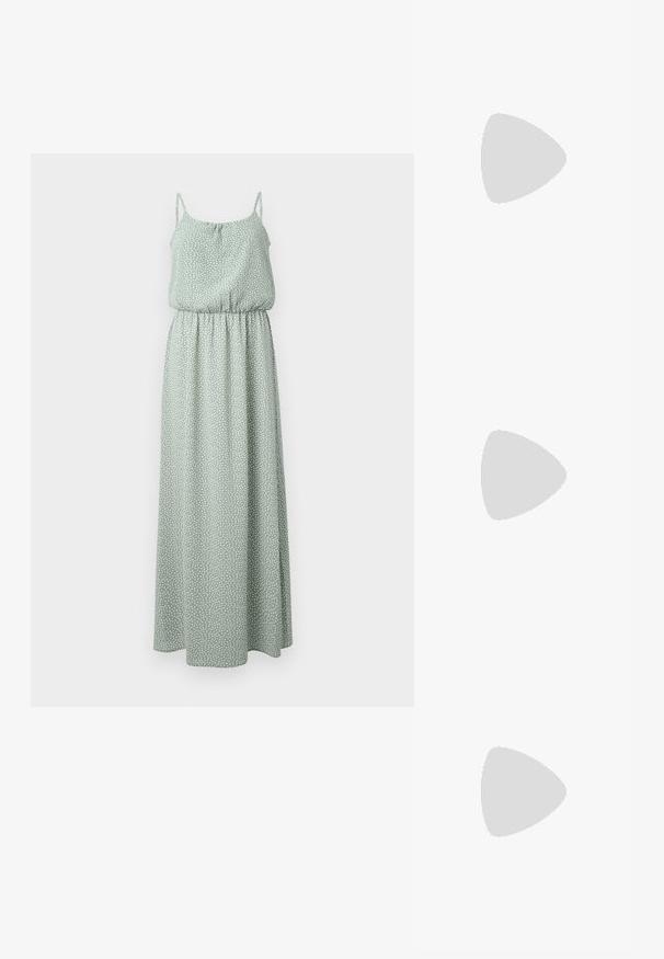 Maxi jurk in lichtgroen, gemaakt van zachte stof met een stippenpatroon, met dunne bandjes en een elastische taille voor een vloeiende silhouet.; Gouden metallic hakken met een ronde neus, enkelband en blokk Hak. Gladde textuur met een glanzende afwerking en een kruisbandontwerp.; Kleine schoudertas van olijfgroen lakleer met verstelbare band en gouden ALDO-logo aan de voorkant.; Pilgrim Oorbellen - gold-coloured