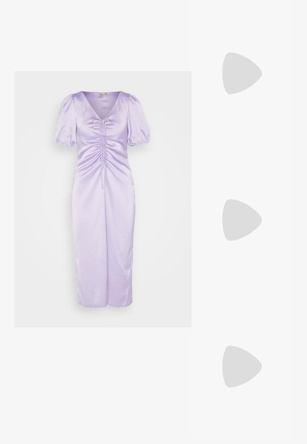 YAS ZURA DRAWSTRING DRESS - Kokteilikleit/peokleit - purple; Roosa kõrge kontsaga sandaal, millel on liblikamotiivid, valmistatud siledast materjalist. Omab peeneid rihmasid ja sale konts.; ALDO FELISIA - Käekott - silver-coloured; Kuus ebaühtlaselt kujundatud läbipaistvat ja peegeldavat klaasitaolist tükki, paigutatud valgele taustale.
