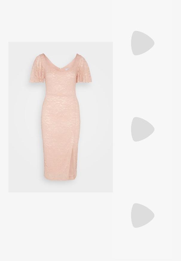 WAL G. MIDI DRESS - Robe de soirée - light pink; Sandale à talon haut beige avec bout ouvert, fine bride à la cheville et fermeture à boucle, vue de profil sur fond blanc.; Pochette rectangulaire beige texturée avec bandoulière chaîne dorée et fermoir doré orné de strass sur fond blanc.; Boucles d'oreilles pendantes en chaîne argentée ornées de cinq perles blanches rondes réparties uniformément sur chaque boucle, maintenues par une petite puce circulaire.