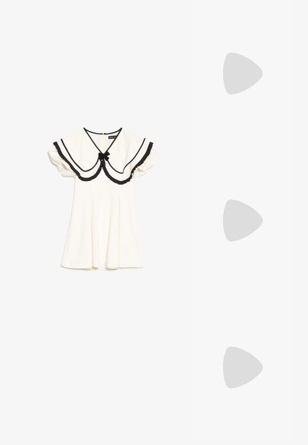 Robe crème avec col oversize bordé de noir, bords à volants noirs, manches courtes bouffantes et petit nœud noir au niveau de l'encolure.; Chaussure slingback en cuir verni blanc avec un bout pointu et un talon bloc géométrique. L'intérieur présente une semelle intérieure beige et des découpes latérales minimalistes.; Sac à main en cuir verni blanc avec poignées doubles arrondies, fermeture éclair argentée et logo discret "estro" sur le devant.; Loeffler Randall BELLAMY OVERSIZE HEADBAND - Accessoires cheveux - cream