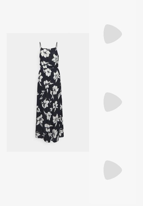 ONLY ONLFRIDA STRAP DRESS - Maxikjoler - night sky aop:sky flowers; Beige slidesandaletter med åben tå, flad sål og dekorative metallkædeaccenter på stroppen. Glat materiale med minimal tekstur.; Cremefarvede solbriller med ovale linser, brunt tonede, med en blank finish og subtil "Vogue" branding på siden.; Guldøreringe med en glat, poleret overflade. Rund form, mellemstor, med en sikker lukkemekanisme.