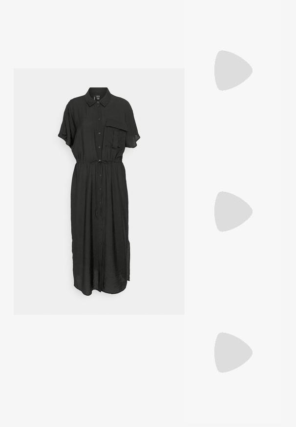 Vero Moda Tall SHIRT CALF DRESS  - Vestido informal - black; Sandalias de plataforma negras con tiras acolchadas, punta abierta y correa ajustable en el tobillo. Suela de goma texturizada con patrón en zigzag para mayor agarre.; Gafas de sol rectangulares negras con lentes oscuros, montura de plástico grueso y patillas anchas. Superficie lisa y diseño anguloso.; Bolso negro de forma redondeada, hecho de material liso. Presenta un asa trenzada y un cierre de cremallera para un almacenamiento seguro.