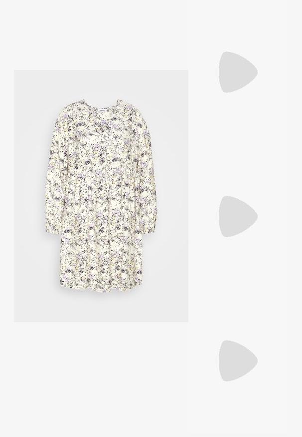 Minimum MODIVA - Jurk - broken white; Witte leren cowboylaars met een spitse neus en een vierkante hak. Heeft ingewikkelde stikpatronen op de schacht en een soepele textuur.; Beige schoudertas van glad leer met een ritsluiting. Kenmerkt zich door een eenvoudig ontwerp, een slanke schouderband en metalen hardwareaccenten.; Zilveren metalen oorbellen met een minimalistisch gebogen ontwerp, met uitgerekte, open druppelvormen en een matte afwerking.