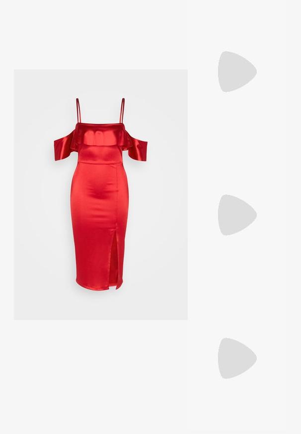 WAL G. GINA RUFFLE MIDI - Cocktailkjole / festkjole - red; NA-KD Pumps - black; Lille håndtaske med sølv gittermønster, buet håndtag, stor perle lukning og en tynd sølvkæde strop på en ensfarvet baggrund.; Lange sølvøreringe med en række klare, facetterede krystaller i kaskadeformede strenge med varierende længder og former.