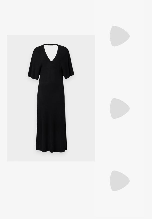 Musta midimittainen mekko V-pääntiellä, lyhyillä leveillä hihoilla ja hieman istuvalla linjalla, esitettynä yksiväristä vaaleaa taustaa vasten.; Musta nahkainen slingback-tasapohjashoe, jossa on teräväkärkinen muotoilu, kaksi vaakasuoraa hihnaa ja neliönmuotoiset hopeiset soljet, matala korko ja sileä pinta.; Uudelleenkäytettävä ostoskassi, jossa on pinkki ja punainen kukkakuvio, seisoo pystyssä vaalealla yksivärisellä taustalla.; Hope hopea, muodoltaan pyöreät, sileän kiiltävä pinta ja yhtenäinen leveys koko matkalta. Minimalistinen muotoilu ilman lisäkoristeita.