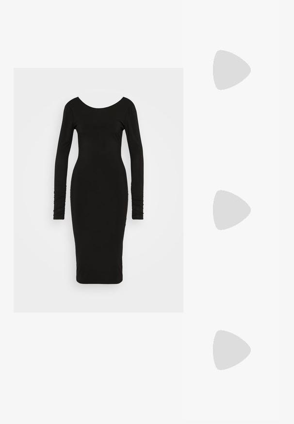 Robe noire à manches longues avec un décolleté arrondi, silhouette ajustée et détails froncés sur les poignets, réalisée en un tissu stretch lisse.; RAID TALISHA - Bottes - black; Petit sac à main avec motif à carreaux argenté, poignée incurvée, grande fermeture à perle et une fine bandoulière en chaîne argentée sur un fond uni.; Boucles d'oreilles en argent avec des chaînes pendantes, présentant plusieurs pierres précieuses claires disposées en motif linéaire, offrant un effet scintillant.