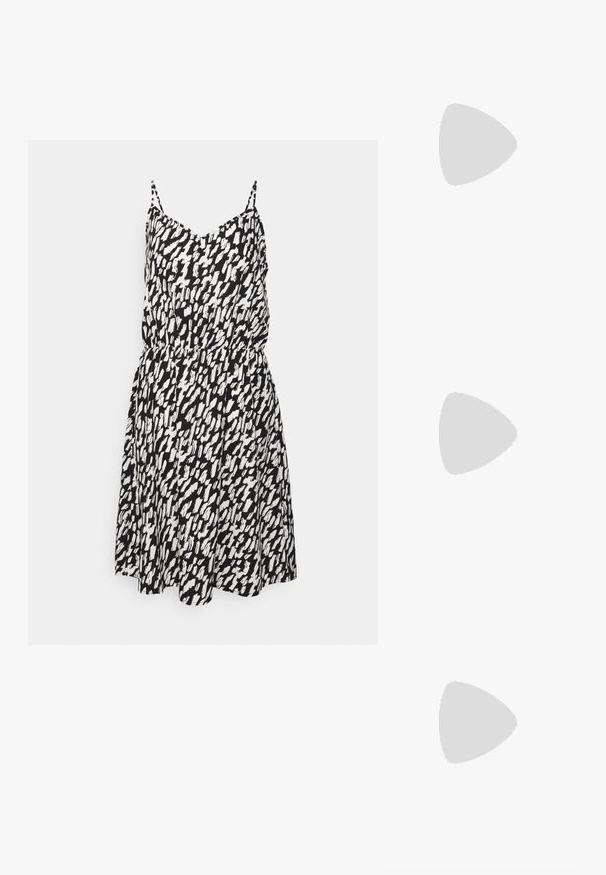 JDY Tall LULU STRAP SHORT DRESS - Hverdagskjole - black/white; Sorte platform sandaler med quiltede stropper, åben tå og justerbar ankelrem. Tekstureret gummisål med zigzag mønster for godt greb.; Sorte rektangulære solbriller med mørkt tonede linser, tyk plastramme og brede stænger. Glat overflade og kantet design.; Guldøreringe med en glat, poleret overflade. Rund form, mellemstor, med en sikker lukkemekanisme.