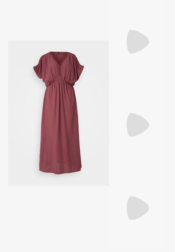Bordeauxrotes, langes Maxikleid mit V-Ausschnitt, kurzen Puffärmeln und elastischem Bund. Aus leichtem Stoff mit einer weichen Textur gefertigt.; Dunkelburgunderfarbene, offene Sandalen aus glattem Leder mit einem abgerundeten Design und einem stabilen Blockabsatz. Seitliche Ansicht gezeigt.; Braune Schildpatt-Sonnenbrille mit einer Vintage-Cat-Eye-Form und braunen Gläsern. Verfügt über gebogene Bügel mit roten Akzenten.; Dunkelroter Lederhandtasche in halbmondförmiger Form mit Reißverschluss und abnehmbarem Tragegurt. Glatte Textur mit dezentem Glanz.
