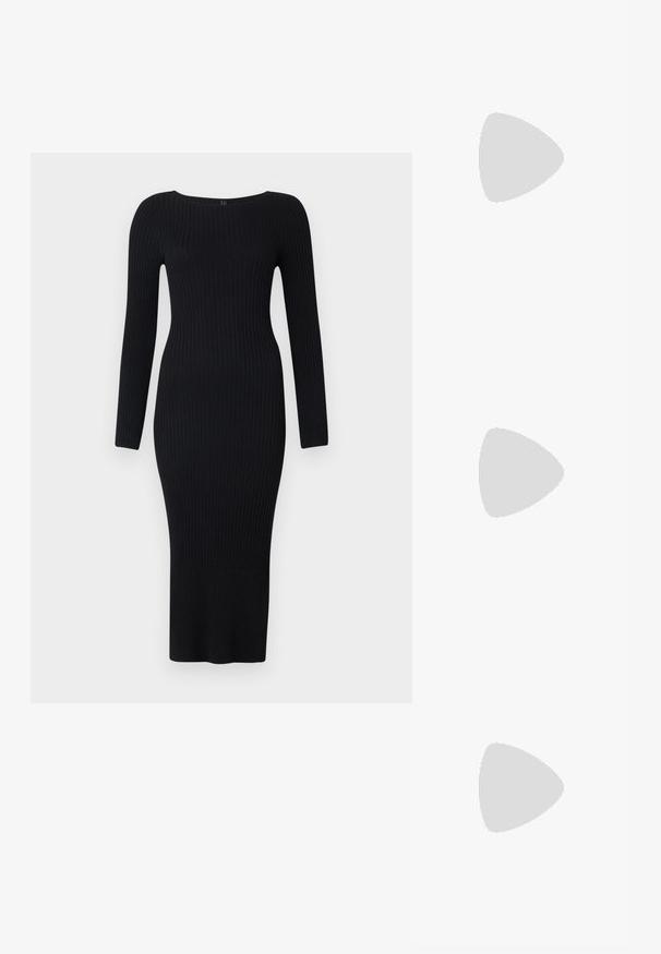 Robe noire à manches longues côtelées avec une silhouette ajustée, un col rond et un ourlet droit, fabriquée en tissu extensible texturé.; Chaussure Mary Jane unique brillante couleur bordeaux foncé avec une large bride et une boucle argentée, talon bloc bas et bout arrondi sur fond blanc.; Sac à main en cuir noir au design structuré, avec une poignée arrondie et une bandoulière amovible. Présente une texture lisse et un éclat subtil.; Boucles d'oreilles en argent en forme de halo, avec une surface lisse et réfléchissante. Forme ronde et large avec un fermoir sécurisé en haut. Fini poli mettant en valeur l'éclat.