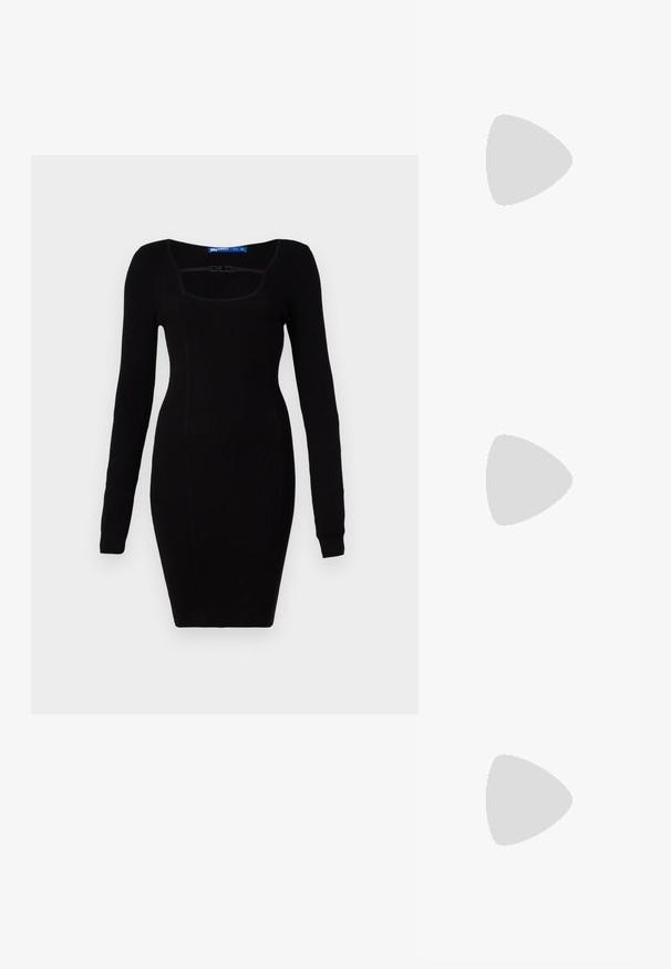 Karl Lagerfeld Jeans LOGO DRESS - Neulemekko - black; Musta kiiltävä patenttinahasta valmistettu avokärkinen korkokenkä, jossa on käyrä yläosa ja kapeneva piikkikorko. Sileä kiiltävä pinta.; Mustat neliöaurinkolasit, joissa on gradienttilinssit, voimakas logo sivulla, paksut kehykset ja sileä pinta.; Musta nahkainen käsilaukku, jossa on kaareva muotoilu, varustettuna erikokoisilla hopeanvärisillä niiteillä ja lyhyellä hihnalla. "HUGO"-logo on painettu etuosaan.