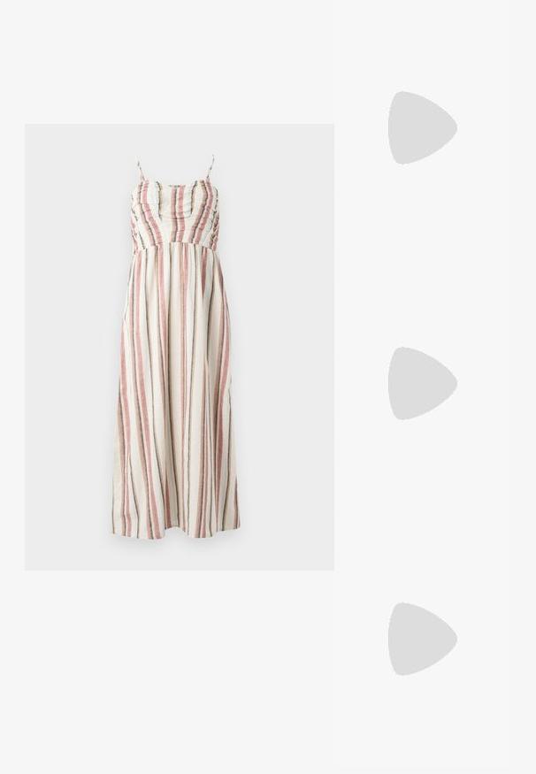 Robe maxi en tissu crème avec des rayures verticales multicolores en rouge, bleu et gris. Dotée de bretelles spaghetti et d'un corsage froncé.; Sandale marron à talons hauts avec fines lanières croisées et bride de cheville avec boucle argentée sur fond blanc.; Petit sac à main noir brillant avec deux longues anses et des détails à cordon sur les côtés sur un fond clair uni.; Paired boucles d'oreilles en métal doré poli de forme irrégulière avec un centre ouvert sur un fond blanc uni.
