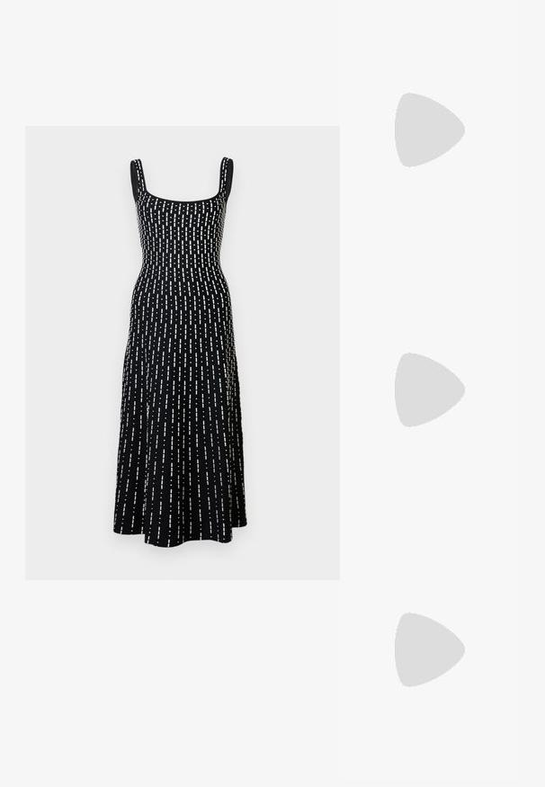 Robe midi noire sans manches avec encolure carrée et motif de lignes blanches en pointillés verticales réparties de manière uniforme.; Ballerines en cuir noir avec un bout rond, texture lisse, détails de couture minimalistes et design de semelle flexible.; Porte-monnaie en cuir noir avec texture froncée, cadre en métal argenté, fermeture à verrouillage kiss-lock et bandoulière en chaîne. Surface lisse et douce.; Boucles d'oreilles en clip argentées avec un design en spirale, présentant une texture métallique lisse et des formes arrondies. Pas d'embellissements ou de motifs visibles.