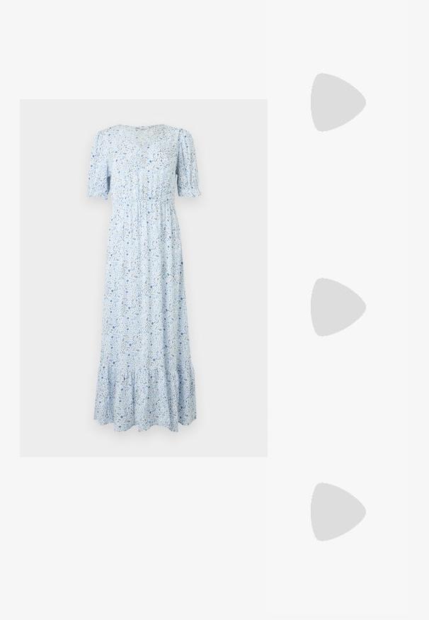Robe midi bleu clair avec manches courtes bouffantes, décolleté en V, taille froncée, petit imprimé floral et ourlet à volants.; Even&Odd Ballerines à brides arrière - black; Petit sac à main noir brillant avec deux longues anses et des détails à cordon sur les côtés sur un fond clair uni.; Boucles d’oreilles créoles en forme d’étoile argentée avec une finition lisse et polie sur un fond blanc uni.