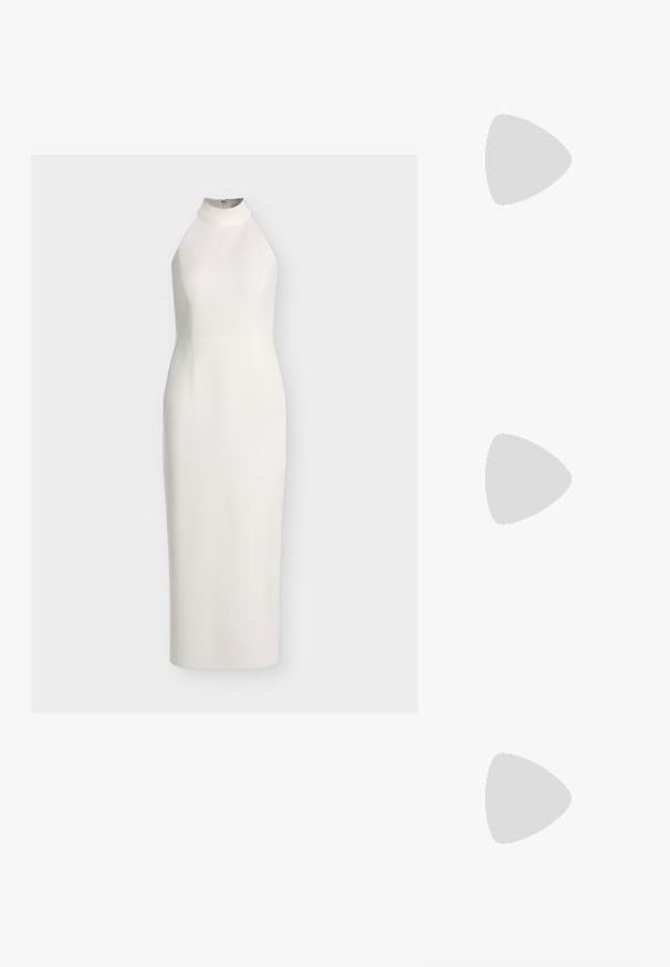Ærmeløs hvid midi-kjole med høj halsudskæring, figursyet talje og lynlås bagpå, vist på en ensfarvet baggrund.; Sorte læder slingback højhælede sko med spids tå, justerbar rem og en slank stiletto hæl, der har en glat finish.; Beige blød læderhåndtaske med en sølv metalramme-lukning, enkelt skulderstrop og en valgfri kæderem på en hvid baggrund.; To buede sølvøreringe, en større end den anden, begge prydet med små funklende krystaller langs den ene kant.