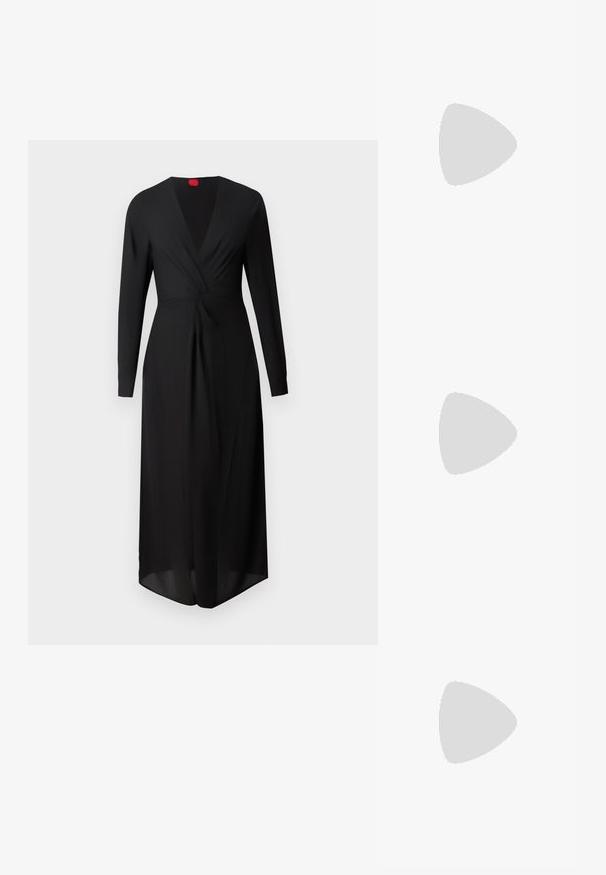 Vestido negro de manga larga con escote en V profundo, detalle frontal retorcido y una silueta fluida. Fabricado en tejido ligero, con una etiqueta roja en el cuello.; Zapato slingback de piel negra con puntera puntiaguda, tacón alto y ancho, y forro interior beige sobre un fondo claro y liso.; Bolso de mano de cuero negro con forma curva, adornado con tachuelas de plata de diferentes tamaños y una correa corta. Logo "HUGO" impreso en la parte frontal.; Par de pendientes de aro en tono dorado con pequeño detalle de aro en tono plateado en cada uno, expuestos sobre un fondo gris claro.