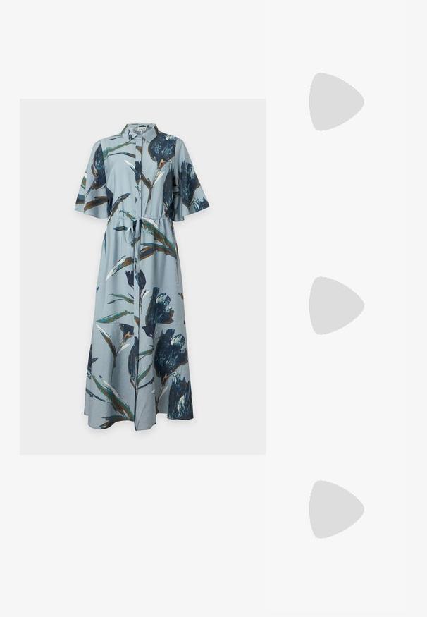 Light blue maxi dress with dark blue and brown floral print, short sleeves, collar, button front, and a tie at the waist.; Black high-heeled sandal with a wide front strap and a toe loop featuring a knotted cord detail, shown in side profile on a white background.; Pleated beige leather clutch with a silver metal frame, featuring two round decorative clasps and a silver chain strap.; Two curved silver earrings, one larger than the other, both adorned with small sparkling crystals along one edge.