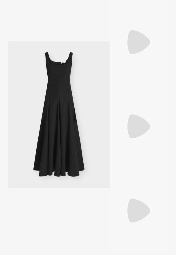Black sleeveless long dress with square neckline and fitted bodice flaring into a wide skirt, displayed on a plain light background.; Silver high-heeled sandal with thin straps, ankle wrap, and slim stiletto heel on a plain white background.; Small rectangular dark gray clutch adorned with clear rhinestones in a radiating pattern and a silver chain strap.; Silver-tone earrings featuring multiple clear crystal gemstones in teardrop and marquise shapes, with lever-back closures and intricate detailing.