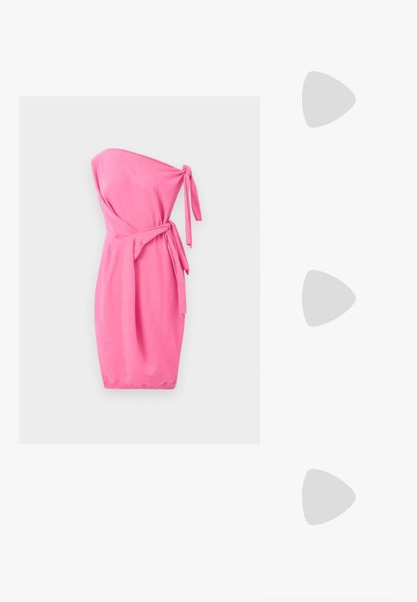Strapless pink dress made of soft fabric, featuring a tied waist and a fitted silhouette with a ribbed hem.; Black leather high-heeled pump with a pointed toe; features a metallic gold accent on the toe cap. Smooth surface with a sleek design.; Black quilted wallet with gold chain strap, featuring a gold logo plate on the front and a flap closure. Smooth texture with a glossy finish.; Pair of silver-tone metal earrings shaped like angular letter M with rounded posts on a white background.