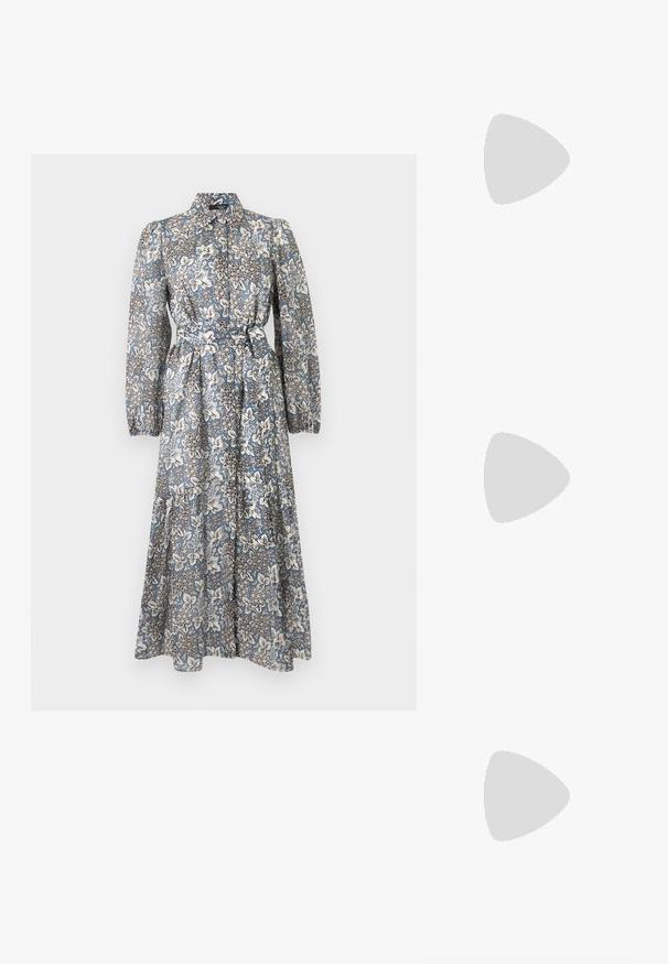 Vestido midi de manga larga con cuello, estampado floral en azul y blanco, botones delanteros, puños elásticos y cinturón para atar en la cintura.; Bailarina de piel negra con punta redondeada, textura suave, detalle de costura minimalista y diseño de suela flexible.; Bolso hobo tejido negro con estructura suave y asa integrada, exhibido sobre un fondo liso y claro.; Pendientes de clip plateados con un diseño en espiral, que presentan una textura metálica suave y formas redondeadas. Sin adornos ni patrones visibles.