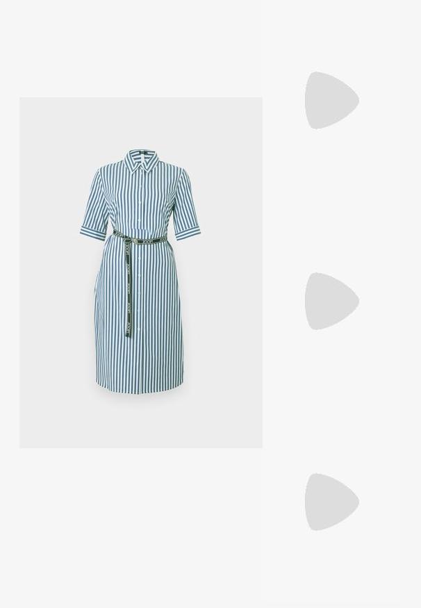Robe chemise midi à rayures verticales bleu et blanc, manches courtes, boutonnée à l'avant, col pointu, et ceinture noire de marque à la taille.; Chaussures plates en cuir noir avec un bout pointu, dotées de deux brides noires avec des accents en métal doré. Texture lisse et talon bas.; Sac à main en cuir noir avec une texture lisse. Dispose d'une bandoulière adjustable et d'un design élégant et minimaliste avec une fermeture éclair.; Boucles d’oreilles créoles en métal argenté avec une surface lisse légèrement incurvée et des fermoirs à clapet sur un fond blanc uni.