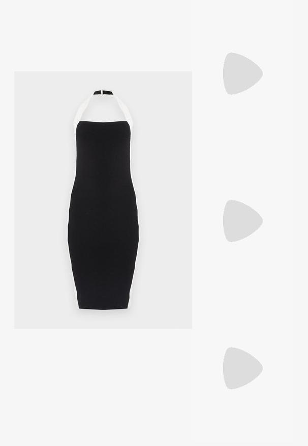 Μαύρο εφαρμοστό midi φόρεμα halter με λευκές λωρίδες στο πλάι και κλείσιμο με φερμουάρ στην πλάτη.; Μπεζ παπούτσια ψηλής θέσης από πατεντέ δέρμα με μυτερή μύτη, λουράκι στον αστράγαλο και χοντρό τετράγωνο τακούνι. Λείο υλικό με γυαλιστερή επιφάνεια.; Μεγάλη καφέ δερμάτινη τσάντα με υφαντή υφή και έναν ενιαίο ιμάντα ώμου, σε απλό ανοιχτό φόντο.; Ζευγάρι λαμπερά χρυσά σκουλαρίκια με διπλό βρόχο και πίσω κούμπωμα σε λευκό φόντο.