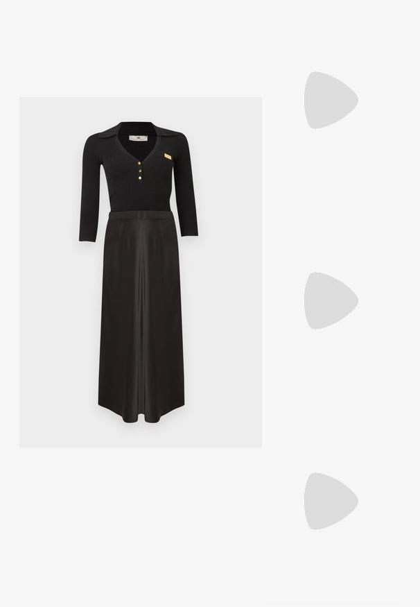 Haut noir à manches longues en maille côtelée avec col et boutons dorés, associé à une jupe maxi noire en satin taille haute sur fond blanc.; Escarpin violet à talon haut avec bout pointu et bordure noire comportant un texte blanc "LOVE MOSCHINO" autour de l'ouverture.; Pochette en cuir verni beige avec une bandoulière en chaîne dorée, dotée d'un design en forme d'enveloppe et d'une fermeture à rabat pointu. Texture lisse sur toute sa surface.; Lauren Ralph Lauren TWISTED ROPE PAVE HOOP - Boucles d'oreilles - gold-coloured