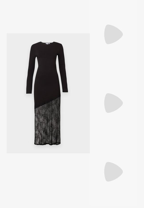 Schwarz langärmliges Kleid mit einem enganliegenden Oberteil und einem halbtransparenten Spitzenpanel am unteren Ende, das eine schlanke, moderne Silhouette schafft.; Braune Lackleder-Ballerinas mit quadratischer Zehenform und Riemen mit einer kleinen goldenen Schnalle. Glatte Textur, niedriger Absatz und minimalistisches Design.; Schwarze Lederhandtasche mit strukturiertem Design, rundem Haltegriff und abnehmbarem Schulterriemen. Sie weist eine glatte Oberfläche und einen subtilen Glanz auf.; Brauner Ledergürtel mit einer ovalen Messingschnalle, auf einem schlichten weißen Hintergrund präsentiert.
