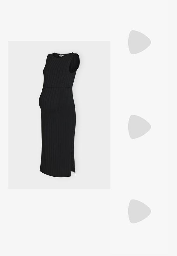 Robe midi noire sans manches en côte avec fente latérale, conçue pour la maternité avec une silhouette ajustée et un col rond.; Anna Field Babies - dark red; Sac à main en cuir bordeaux avec une forme courbée, deux poignées, fermeture éclair et détails de couture subtils. Fini lisse et brillant.; Boucle d'oreille en argent avec une finition polie, présentant de petits détails en or et de forme ronde, portée sur le lobe.