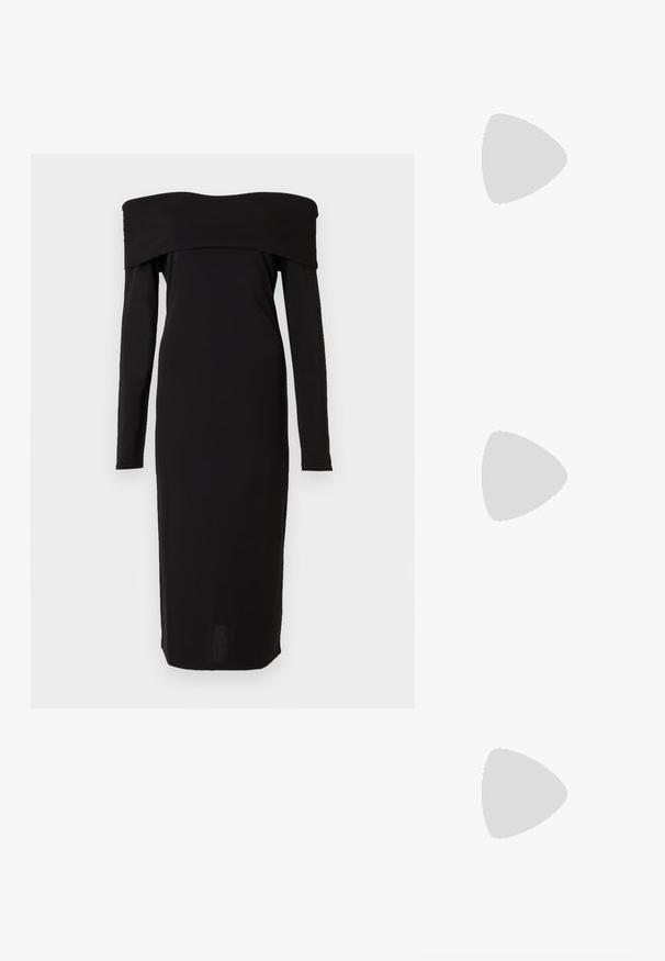 Robe noire décolletée avec des manches longues, design ajusté et longueur midi. Texture lisse avec un col haut et des détails minimalistes.; Chaussure à talon haut en cuir noir à bout pointu avec un talon aigu fin sur fond blanc.; Sac bandoulière rectangulaire en cuir noir avec bandoulière ajustable, fermeture éclair sur le dessus et petit logo Calvin Klein doré sur le devant.; Paire de boucles d'oreilles créoles en bouclettes dorées brillantes sur fond blanc uni, présentant un design torsadé entrelacé.