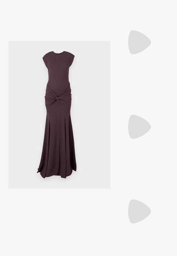 Dark plum-colored sleeveless evening gown with a fitted bodice, knotted detail at the waist, and a flared floor-length skirt.; Black leather high-heeled shoe with a pointed toe, open sides, and a thin ankle strap featuring a small gold hardware detail.; Black velvet cosmetic bag with a soft, textured surface, rounded top, and zip closure. Compact design, suitable for various storage needs.; Two curved silver earrings, one larger than the other, both adorned with small sparkling crystals along one edge.