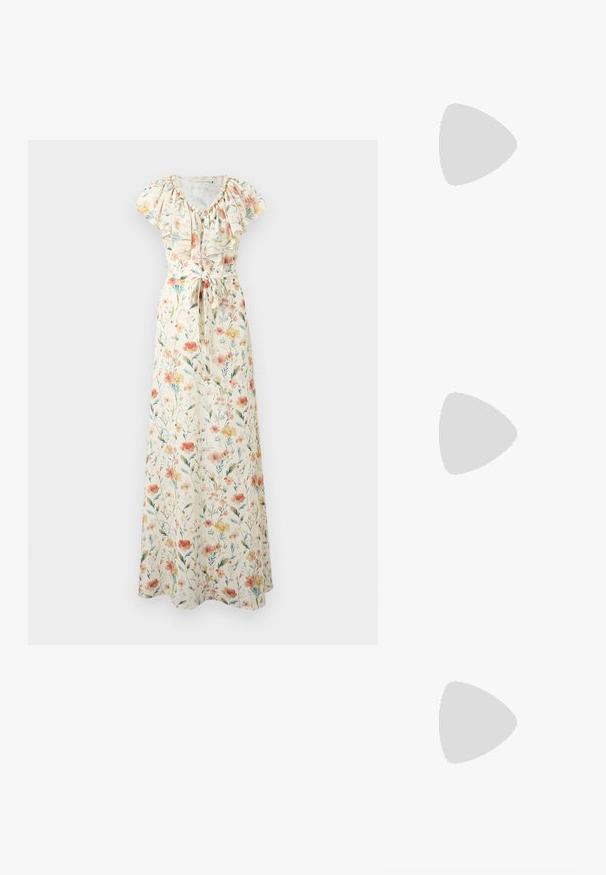 Robe longue crème à fleurs avec manches courtes, encolure à volants et ceinture nouée à la taille, avec des fleurs roses, orange et jaunes et des feuilles vertes.; Sandale en cuir marron avec des fines lanières, un accent circulaire doré et une semelle plate. Design minimaliste avec un détail de boucle réglable.; Sac à main beige tressé avec une longue lanière fine et des côtés froncés, avec une petite poignée enveloppée de cuir pour différentes options de port.; Paire de boucles d'oreilles créoles en or de taille moyenne avec un design texturé et perlé sur un fond clair uni.