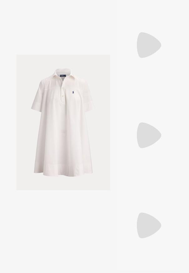 White short-sleeve polo dress with a collar, buttoned placket, and small navy blue embroidered logo on left chest.; Black flat flip-flop sandal with thin straps and a minimalist design shown from the side on a plain light background.; Black crescent-shaped leather handbag with a single adjustable shoulder strap and silver buckle detail on the side.; Gold hoop earrings with small vertical silver rectangular pendants, displayed on a white background.