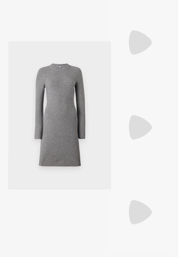 Object Mini Knitted - Robe pull - medium grey melange; Chaussure slingback en cuir noir avec un bout pointu, un léger éclat et une bride de cheville réglable. Talon plat avec une semelle intérieure marron.; Sac à main en cuir noir au design structuré, avec une poignée arrondie et une bandoulière amovible. Présente une texture lisse et un éclat subtil.; Boucles d'oreilles en forme de croissant en or avec une finition lisse, présentant des accents orange près du clou et un matériel en argent.