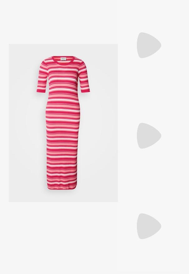 Robe maxi en maille côtelée à manches courtes, avec des rayures horizontales roses, rouges et blanches. Encolure arrondie et silhouette ajustée.; Ballerines beiges avec une exterior en cuir lisse, un bout en forme d'amande et une sangle élastique sur le coup de pied, avec des détails de couture subtils.; Sac à main rose rembourré avec un design arrondi, fabriqué à partir d'un matériau brillant. Dispose d'une poignée froncée et d'une fermeture éclair pour un accès sécurisé.; Boucles d'oreilles en métal argenté en forme de goutte, avec une surface lisse et réfléchissante, présentant un design sans couture et sans embellissements visibles.