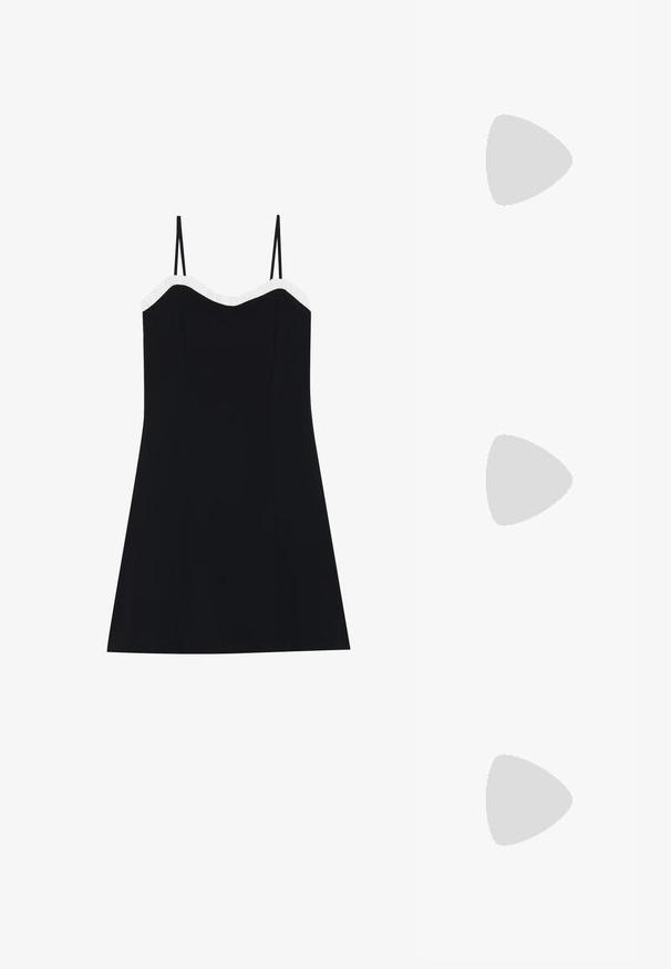 Robe noire avec des fines bretelles, corsage ajusté et ourlet évasé. Bordure froncée blanche le long de l'encolure. Tissu lisse et léger.; Chaussure plate en cuir verni noir avec un bout pointu, une sangle de cheville avec boucles, et une texture lisse et brillante. Talon bas pour le confort.; Sac à main noir rembourré avec une poignée arrondie, présentant une surface lisse et brillante ainsi qu'une texture douce et matelassée. Pas de quincaillerie ou d'accents visibles.; Boucles d'oreilles en métal argenté en forme de goutte, avec une surface lisse et réfléchissante, présentant un design sans couture et sans embellissements visibles.
