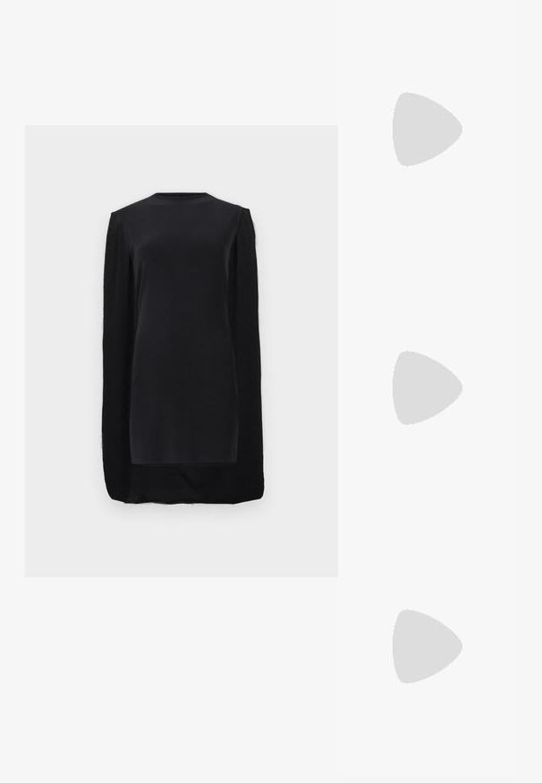 Black long-sleeve mini dress with a round neckline and a cape-like overlay extending from the shoulders to the hem.; Black patent leather pointed-toe slingback shoe with T-strap and low angled block heel on white background.; Small clutch purse with gold and black geometric pattern, gold-tone metal frame, black ball clasp, and a short gold chain strap.; Gold hoop earrings with a smooth, curved shape and polished finish. Features a clasping mechanism and slight indentations for detail.