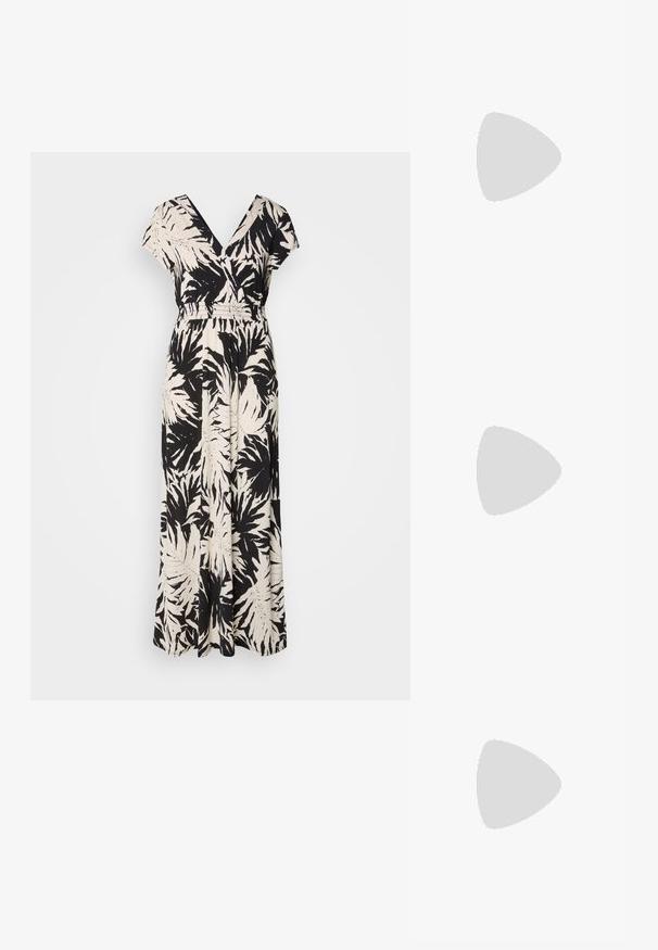 Sort og creme maxi kjole med v-hals, korte ærmer, elastisk talje og palmebladmønster over det hele. Fremstillet af letvægtsstof.; Beige stæl ballet flats med en rund tå, der har en bueaccent, parret med en sort nederdel, vist på et trægulv.; Sort bomulds tote bag med et stort rødt Levi's-logo foran, med robuste sorte håndtag til nem transport.; Et par polerede sølv halvmåneformede hoop øreringe med klare plastikbagsider på en hvid overflade.