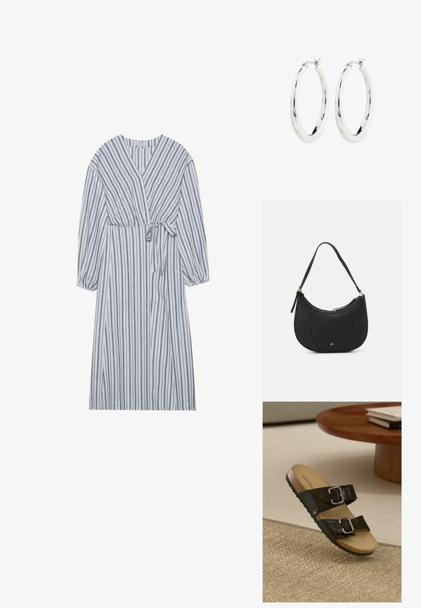 Vestido envolvente de tejido ligero, con rayas verticales azules y blancas, mangas largas, escote en V y cintura atada para un ajuste ajustable.; Sandalia negra de dos tiras con hebillas plateadas, plantilla de corcho y suela de goma. Acabado mate en las tiras, exhibida sobre una superficie texturizada y tejida.; Bolso de mano de cuero negro con forma curva, superficie texturizada, costuras frontales y un logo en tono dorado. Cuenta con una sola correa ajustable.; Pendientes de aro de plata con un acabado suave y brillante. Forma circular, con un cierre seguro. Diseño sencillo y elegante.