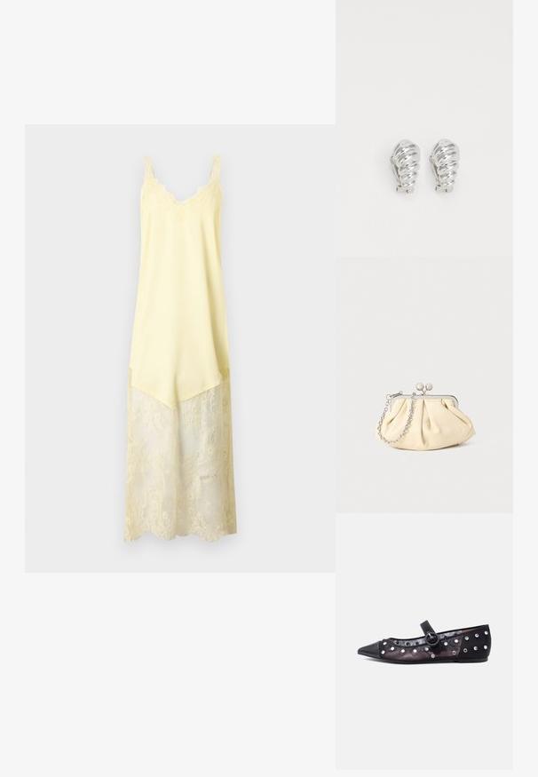 Robe nuisette sans manches jaune pâle avec encolure en dentelle et panneau en dentelle transparente s'étendant de la mi-cuisse à l'ourlet.; Ballerine Mary Jane noire à bout pointu avec côtés en mesh transparent décorés de clous argentés et bride avec boucle ronde.; Pochette en cuir beige plissé avec un cadre en métal argenté, dotée de deux fermoirs ronds décoratifs et d'une chaîne en argent.; Boucles d'oreilles en clip argentées avec un design en spirale, présentant une texture métallique lisse et des formes arrondies. Pas d'embellissements ou de motifs visibles.