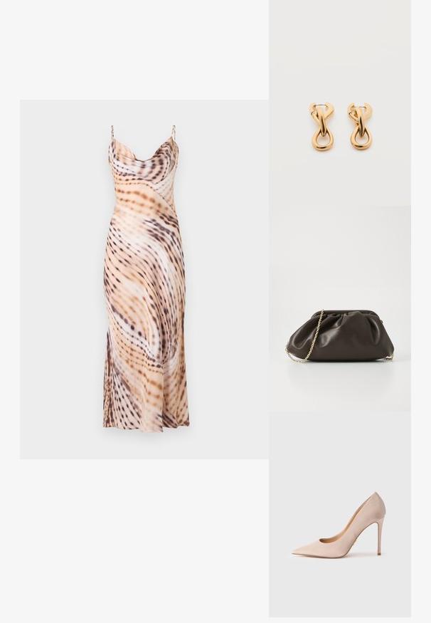 Robe longue sans manches en satin avec un motif abstrait tourbillon beige, marron et noir et un col bénitier.; Escarpin en daim beige à talon haut avec un bout pointu et un design ajouré. Présente une silhouette élégante et un talon aiguille fin.; Sac à main en cuir marron avec un design froncé, une bandoulière en chaîne dorée et une finition douce et texturée. Sa forme compacte est idéale pour une utilisation en soirée.; Paire de boucles d'oreilles créoles en bouclettes dorées brillantes sur fond blanc uni, présentant un design torsadé entrelacé.