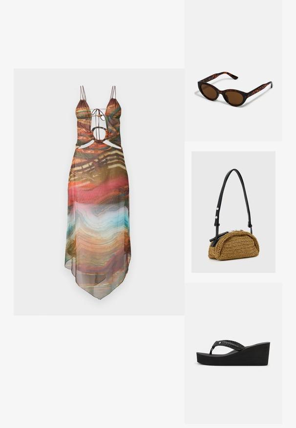 Multikleurige doorschijnende jurk met verstelbare spaghetti bandjes, uitsnijdetails en een vloeiende zoom. Abstract patroon met warme tinten en turquoise accenten.; Zwarte wedge-sandalen met een geweven bandontwerp, voorzien van een textuur en een comfortabele zool. Geen zichtbare merknaam of versieringen.; Bruine schildpad zonnebril met een vintage cat-eye vorm en bruine lenzen. Heeft gebogen armen met rode accenten.; Kleine tan gevlochten handtas met gebogen vorm, zwarte verstelbare leren band en zilveren ritssluiting.