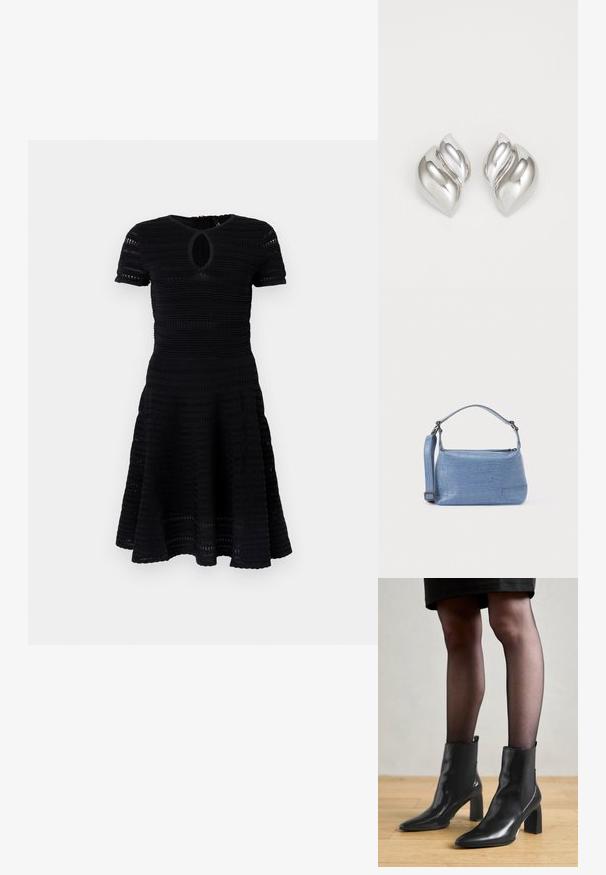 Schwarzes Kurzarmkleid mit strukturierten horizontalen Streifen, Ausschnitt mit Schlitz, taillierter Passform und ausgestelltem Rock.; Schwarze Leder-Ankle-Boots mit spitzer Zehenform, klobigem quadratischem Absatz und schlankem Design. Verfügt über elastische seitliche Einsätze für leichtes An- und Ausziehen.; Hellblaue Handtasche mit Krokodilleder-Prägung, kurzem Griff und abnehmbarem Schulterriemen. Glatte Textur mit Reißverschlussverschluss.; Silberne Ohrringe mit einer organischen, abstrakten Form. Glatte, glänzende Oberfläche mit einem konischen Design. Mit dezenten Kurven und einem zentralen Linienelement.