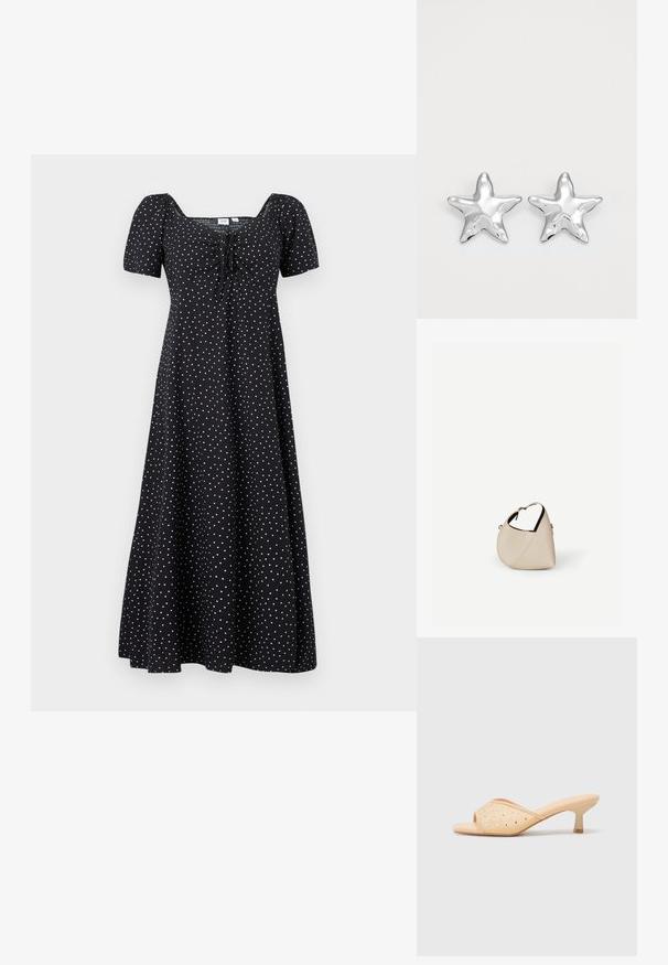 Robe midi noire à pois blancs, manches courtes bouffantes, encolure carrée et détail noué froncé à l'avant.; Mules à talons ouverts beige avec une finition matte lisse, ornés de strass transparents disposés en motif sur le dessus.; Sac à main en cuir beige en forme de croissant avec une seule bandoulière et des coutures minimalistes, posé sur un fond blanc uni.; Boucles d'oreilles argentées en forme d'étoile, avec une surface lisse et brillante. Chaque boucle d'oreille possède cinq pointes et des détails subtils de texture de surface.