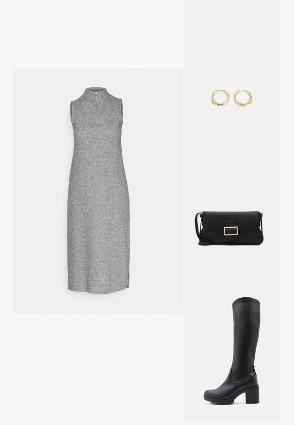 ONLY ONLLUCIA ZIP CALF DRESS - Svetríkové šaty - medium grey melange; Čierne čižmy po kolená vyrobené z hladkej kože, so štvorcovou špičkou, robustným blokovým podpätkom a textúrovanou gumovou podrážkou. Obsahujú diskrétny detail s logom.; Čierna kožená clutch taška s klopou a zlatým kovovým detailom s prackou. Obsahuje čierny remienok a elegantný, minimalistický dizajn.; Zlaté kruhové náušnice s textúrovaným, nepravidelným tvarom. Majú bezšvové uzatváranie a lesklý povrch, čo podčiarkuje moderný dizajn.