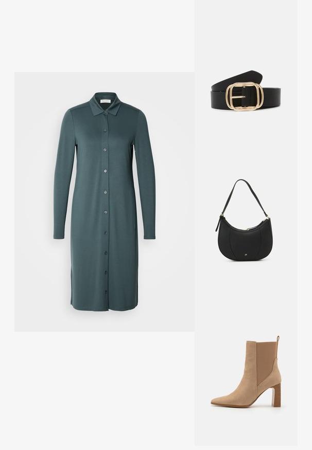 Robe à manches longues et à boutons dans une teinte bleu-vert douce. Fabriquée dans un tissu lisse avec un col et des fentes sur les côtés à l'ourlet.; Bottes chevilles beiges en daim avec des panneaux latéraux élastiques, bout pointu et un talon bloc rayé. Comprend une languette à l'arrière.; Sac à main en cuir noir avec une forme courbée, surface texturée, coutures avant et un logo doré. Il est doté d'une seule sangle ajustable.; Ceinture en cuir noir avec une boucle rectangulaire en ton or aux bords arrondis, texture lisse et design élégant.