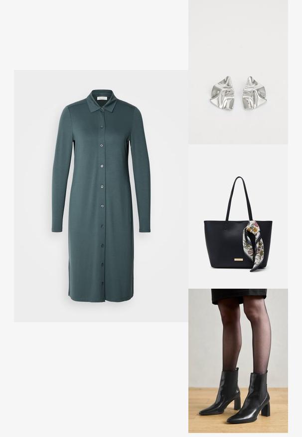 Langärmliges, button-down Kleid in einem gedämpften Türkis. Hergestellt aus glattem Stoff mit einem Kragen und seitlichen Schlitzen am Saum.; Schwarze Leder-Ankle-Boots mit spitzer Zehenform, klobigem quadratischem Absatz und schlankem Design. Verfügt über elastische seitliche Einsätze für leichtes An- und Ausziehen.; Schwarze Leder-Umhängetasche mit zwei Schulterriemen, versehen mit einem floralen Seidenschal, der am Griff gebunden ist, sowie einem metallischen Logoakzent auf der Vorderseite.; Silberne Metallohrringe mit einem wellenförmigen, skulpturalen Design, das eine polierte Oberfläche und unregelmäßige Formen aufweist, die eine zeitgenössische Ästhetik betonen.