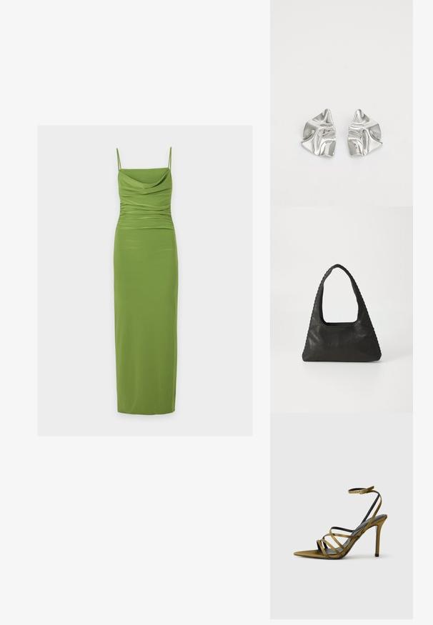 Vestido midi verde sin mangas, con tirantes finos, fruncido en la cintura y escote drapeado tipo cowl.; Sandalia de tacón alto con tiras en ante verde oliva, puntera puntiaguda, suela negra y correa ajustable en el tobillo. Presenta un diseño superior de tiras entrelazadas.; Bolso de cuero negro con forma triangular, un gran asa recortada y costuras detalladas a lo largo de los bordes. Textura suave.; Pendientes de metal plateado con un diseño ondulado y escultórico, que presentan un acabado pulido y formas irregulares, destacando una estética contemporánea.