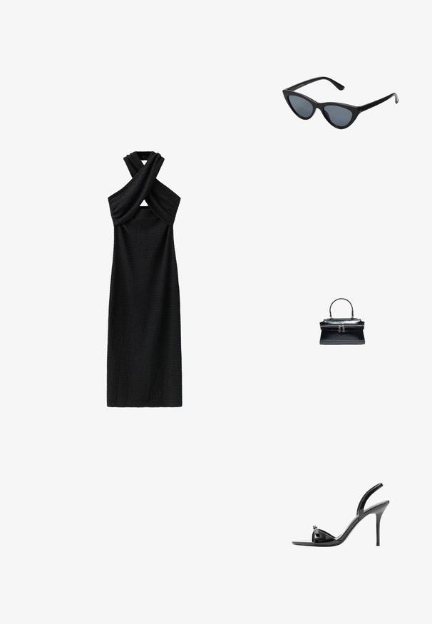 Robe midi noire sans manches en tissu texturé avec un col halter torsadé créant une petite découpe à l'avant.; Sandale noire en cuir verni à talon haut avec talon aiguille fin, bout ouvert et fine bride sur le dessus du pied et autour de la cheville.; Lunettes de soleil noires en forme d'œil de chat avec des verres gris foncé, monture en plastique élégante, coins pointus et branches droites. Pas de métal visible ni d'accents.; Sac à main en cuir noir avec une poignée supérieure, une texture crocodile et une fermeture double à glissière au centre.