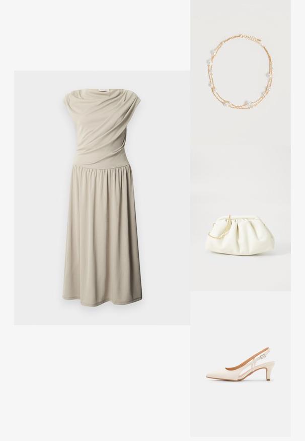 Ærmeløs beige midi-kjole med indsnævret talje og draperede stofdetaljer på overdelen, vist på en ensfarvet hvid baggrund.; Hvide slingback hæle med spids tå, glat overmateriale, lav blokhæl og sideudskæringsdesign med justerbar spænderem.; Hvid læderhåndtaske med en samlede design, forsynet med en guldkæde-strop og en rund form. Glat tekstur med bløde folder og ingen mønstre.; Delikat dobbeltlags guldkæde med jævnt fordelt små hvide perler på en ensartet lys baggrund.